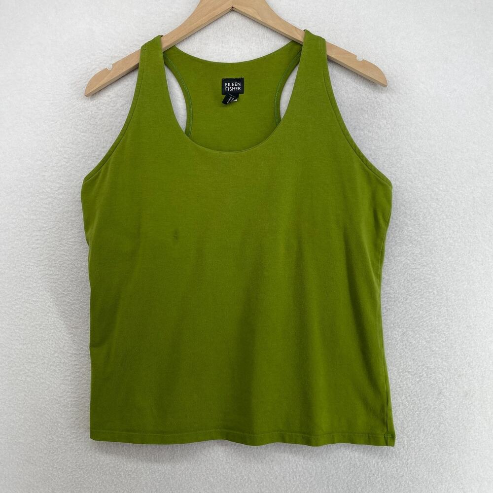 EILEEN FISHER Tank Top XL Stretch Cotton Jersey Scoop Neck Shelf Bra Green USA